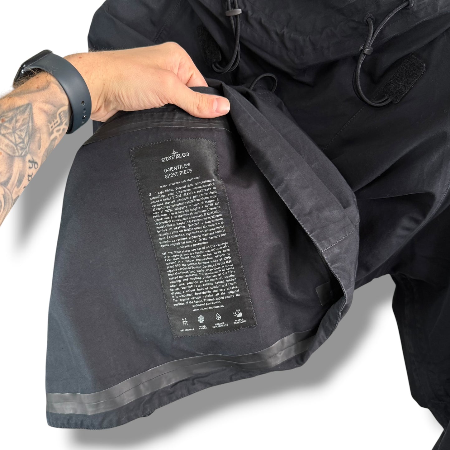 Stone Island Black O-Ventile Ghost Pullover Smock (L, 26”)