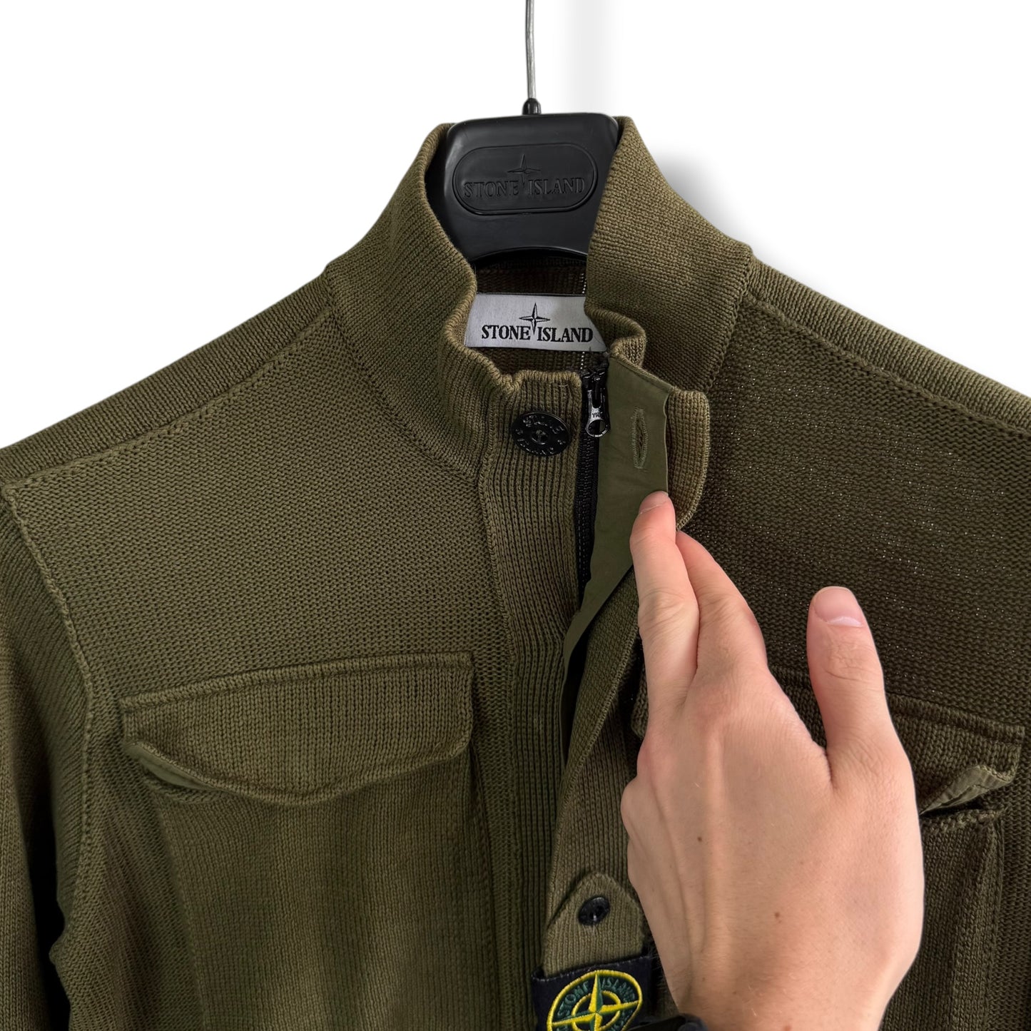 Stone Island Ribbed Knit Centre Badge Half Zip (M, 21”)